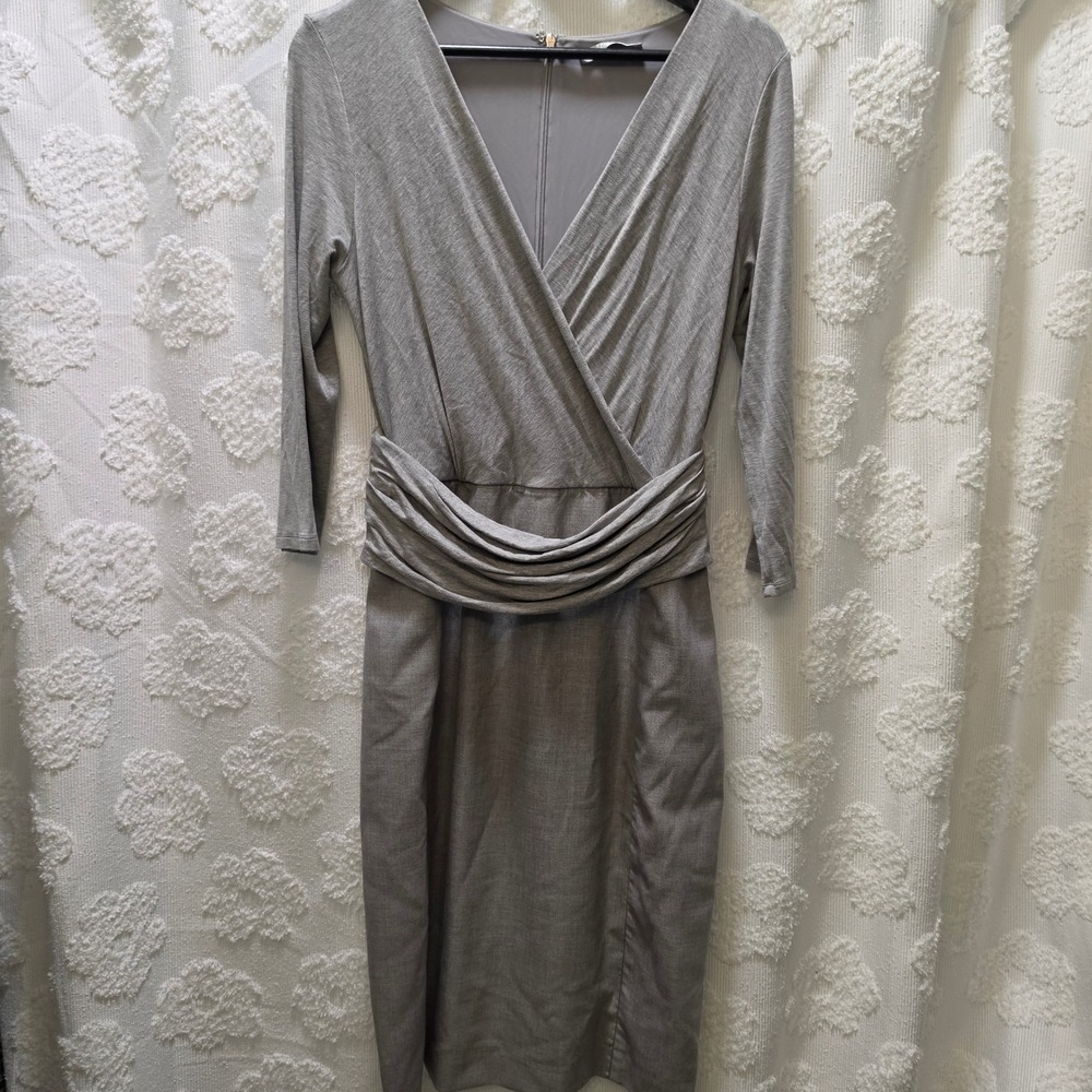 Max Mara Grey Mixed Media Wrap Sheath Dress 3/4 Sleeve Made in Italy Size 46